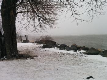 Foggy view of Haverstraw Bay during a January winter storm