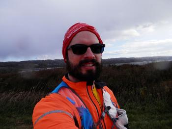 Selfie amidst high winds and snow flurries on top of hill at Croton Point Park