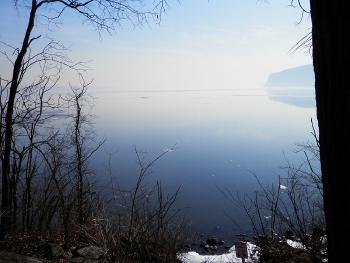 View from the point of Croton Point Park, the distant Tappan Zee Bridge hidden in haze.