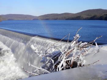 Croton Dam, spillway misty enough for rainbow and frost everywhere.