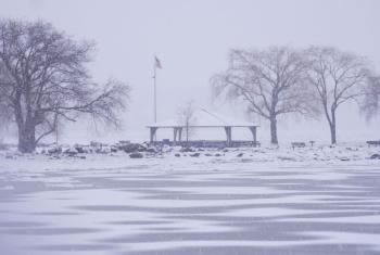 Wintry view of Senasqua Park and frozen part of Hudson River.