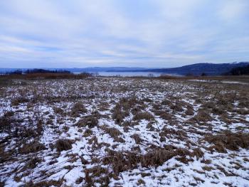 Somewhat snowy view of Haverstraw Bay from hilltop at Croton Point Park.