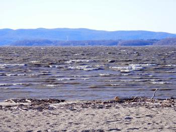 Choppy Haverstraw Bay at beach in Croton Point Park.