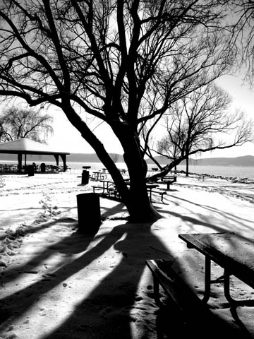 Winter river snow shadows (2008), black and white. © 2013 Peter Wetzel.